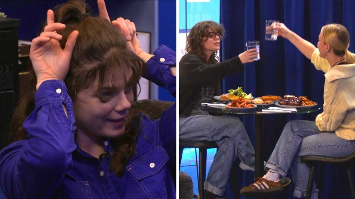 Marie-Ève Beauregard à Big Brother Célébrités. Émily Bégin et Marie-Ève Beauregard au souper malaisant à Big Brother Célébrités.