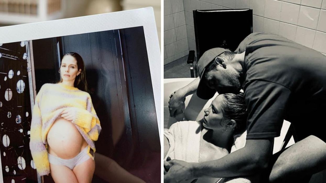 Maripier Morin enceinte. Droite : Maripier Morin et JP Perras.