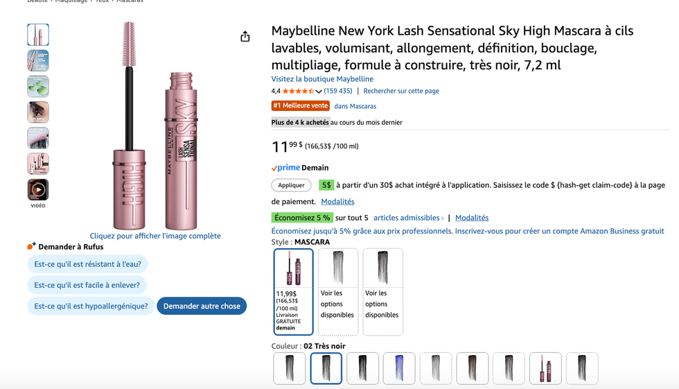 Mascara Lash Sensational Sky High de Maybelline New York sur fond blanc.