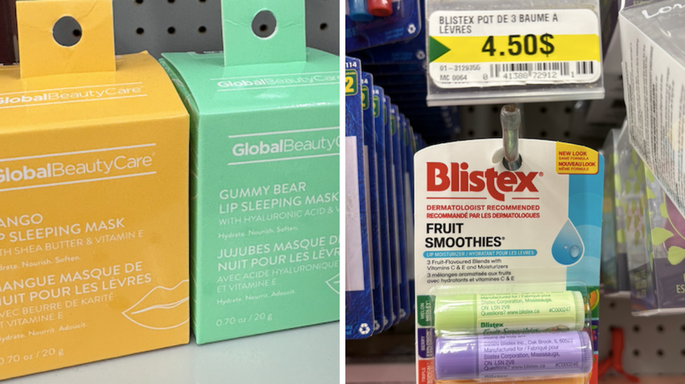 Masque de nuit pour les l\u00e8vres. Droite : Trio hydratant pour les l\u00e8vres Blistex.