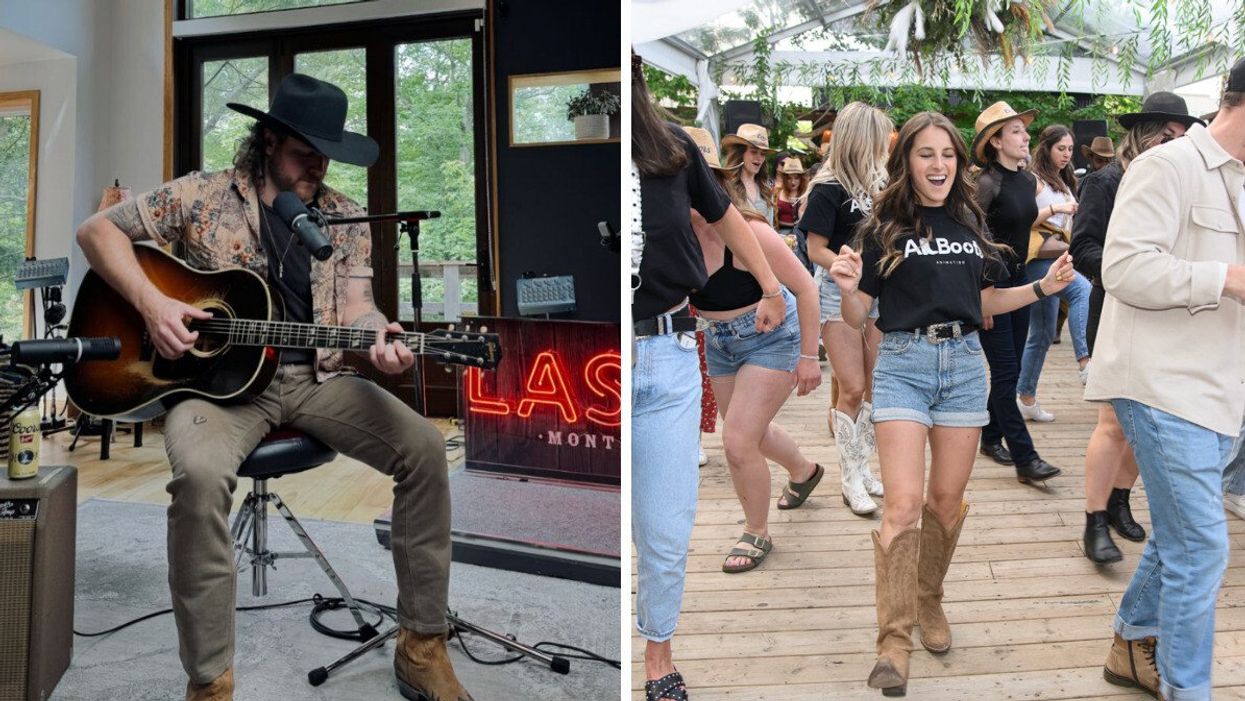 Matt Lang et sa guitare. Droite : Une danseuse de Alboots Animation.