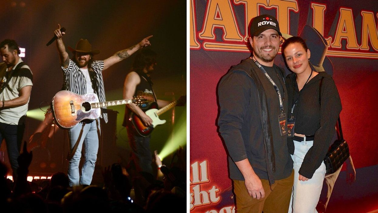 Matt Lang sur scène lors du lancement de son album. Droite : Alanis Desilets et Joël Giguère.