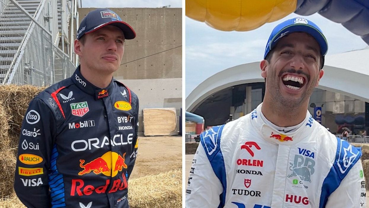 Max Verstappen en habit de course Red Bull. Droite : Daniel Ricciardo en habit de course Visa Cash App RB.