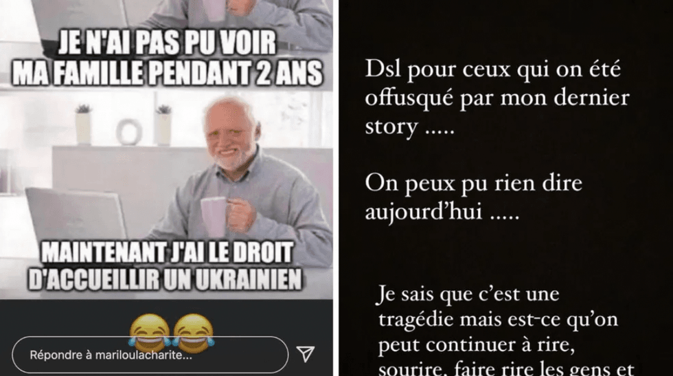 Meme de Marilou Lacharit\u00e9 comparant la COVID-19 et l'Ukraine. Droite : Marilou s'adresse aux gens qu'elle a offusqu\u00e9s.