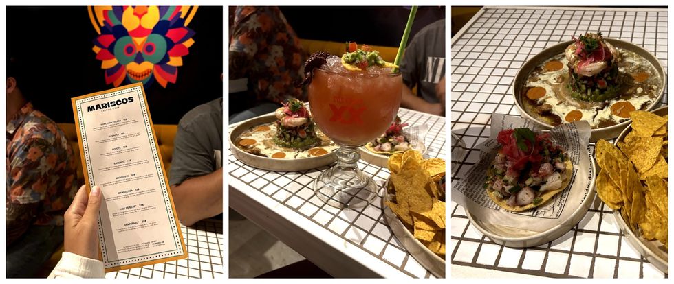 Menu des boissons du Mariscos. Milieu : Cocktail du Mariscos. Droite : Plats du Mariscos.