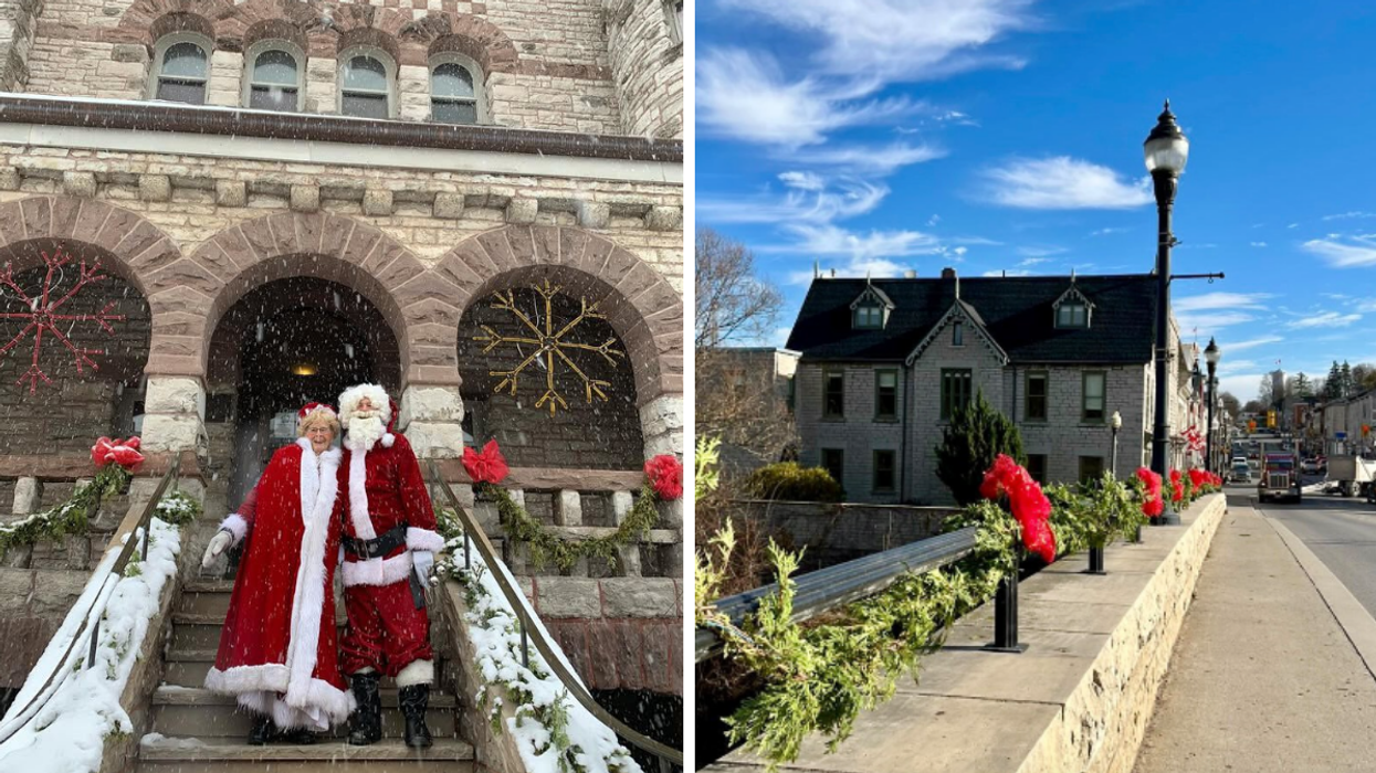 Mère et père Noël sur des marches. Droite : St Mary's.