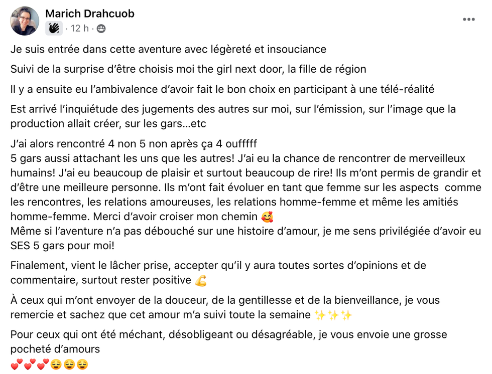 Message de Marie-Mich\u00e8le de 5 gars pour moi.