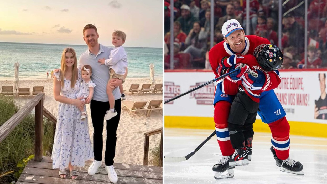 Mike Matheson et sa famille. Droite : Mike Matheson et son enfant sur la glace.
