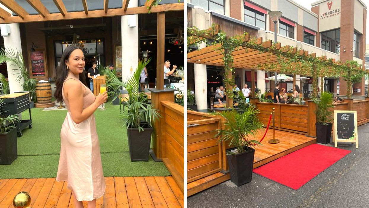 Mimosas à volonté au Jack Saloon Quartier DIX30. Droite : Terrasse Jack Saloon Quartier DIX30.