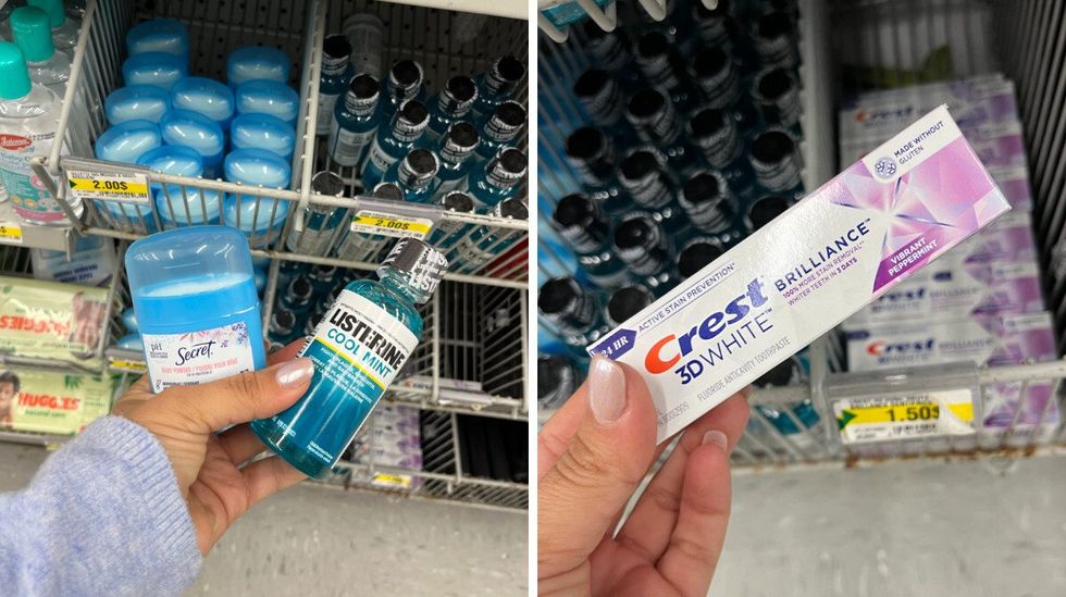 Mini antisudorifique et rince-bouche du Dollarama. Droite : P\u00e2te \u00e0 dent miniature.