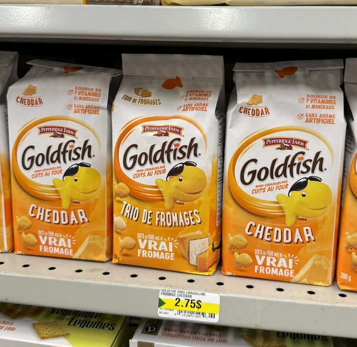 Mini-craquelins Goldfish au fromage sur les tablettes du Dollarama.