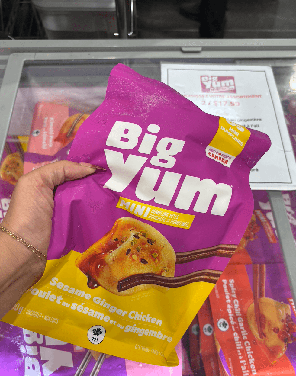Mini dumplings Big Yum au poulet, s\u00e9same et gingembre au Costco.