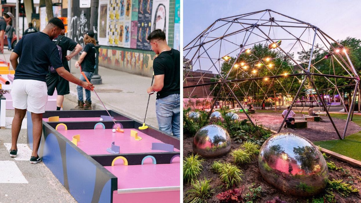 Minigolf aux Jardins Gamelin. Droite : Place du Village à Montréal.