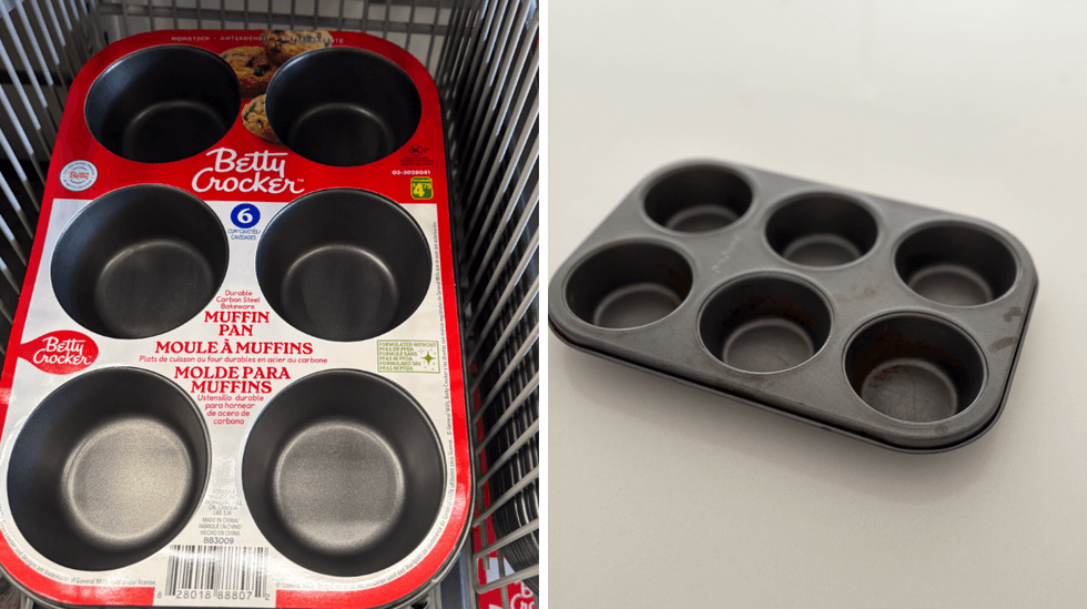 Moule \u00e0 muffins Betty Crocker sur les \u00e9tag\u00e8res du Dollarama. Droite : moule \u00e0 muffins sur un comptoir.