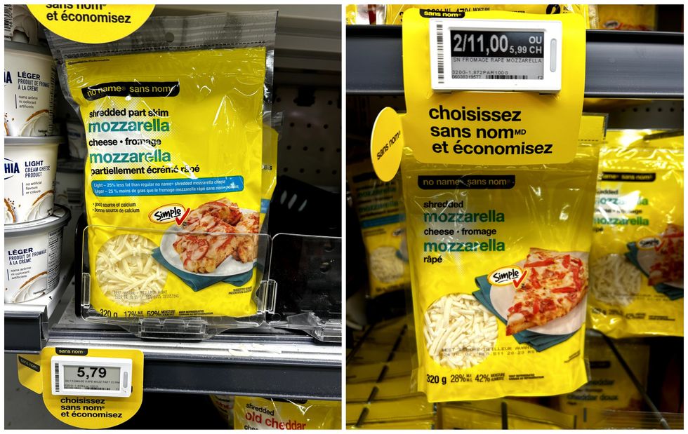 Mozzarella r\u00e2p\u00e9 Sans nom en vente chez Maxi. Droite : Mozzarella r\u00e2p\u00e9 Sans nom en vente chez Provigo.