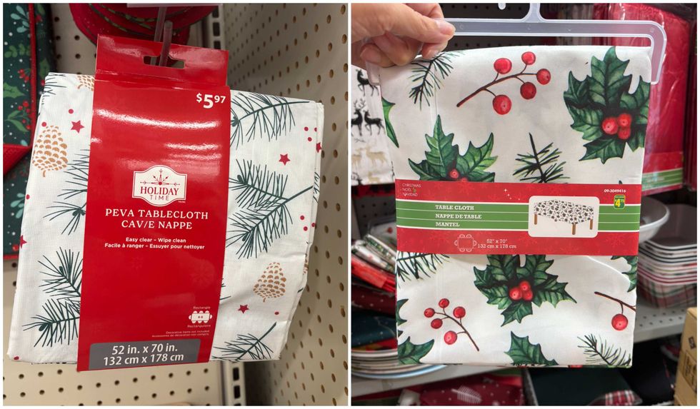 Nappe de No\u00ebl au Walmart. Droite : Nappe de No\u00ebl au Dollarama.