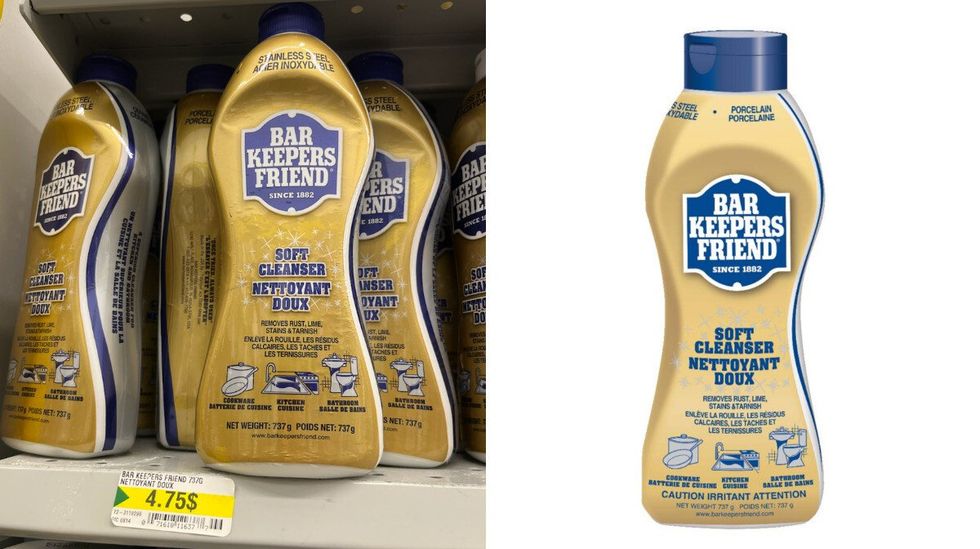 Nettoyant doux tout usage Bar Keepers Friend au Dollarama. Droite : Nettoyant doux tout usage Bar Keepers Friend au Canadian Tire.