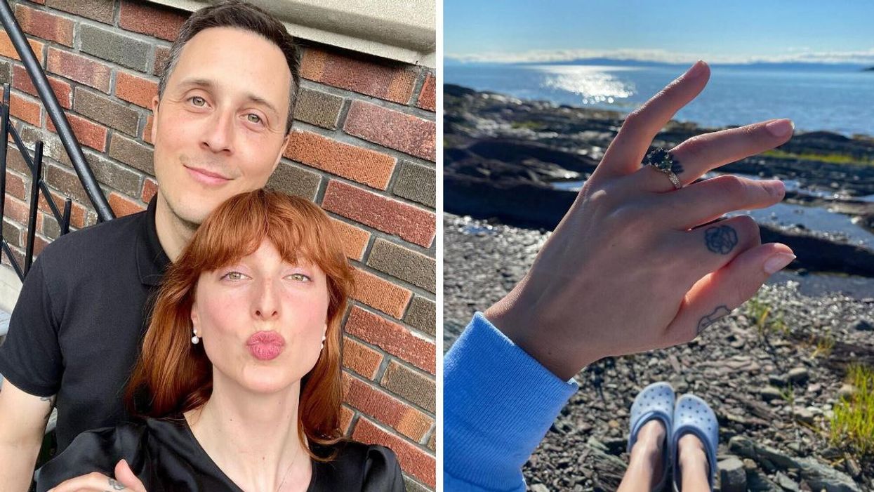 Nicola Morel et sa fiancée Sarah-Maude Beauchesne. Droite : La bague de fiançailles de Sarah-Maude Beauchesne.