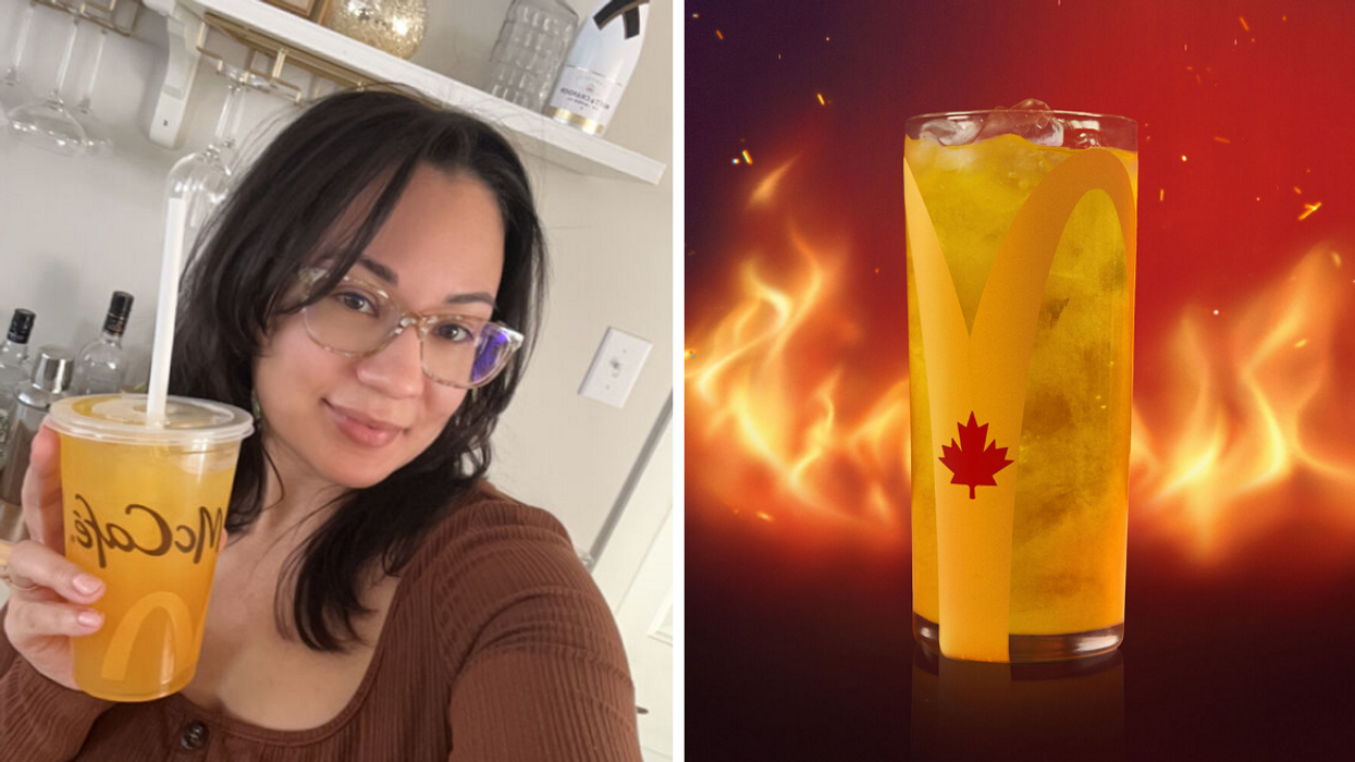 Noémi avec la boisson Splash fraîcheur épicé à la mangue du McDonald's. Droite : Le Splash fraîcheur épicé à la mangue.