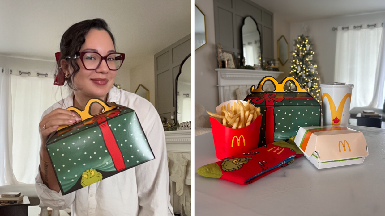 Noémi avec la boîte du Grincheux de McDonald's. Droite : Le contenu de la boîte du Grincheux de McDonald's.
