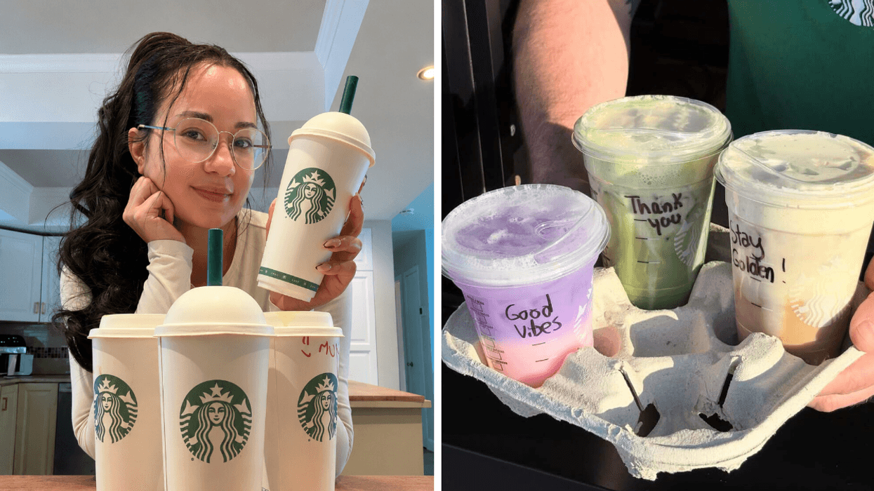 Noémi avec les nouvelles boissons estivales de Starbucks. Droite : Trois des boissons estivales 2026 du Starbucks.