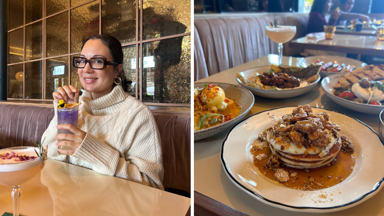 Noémi avec un cockail au Hayat. Droite : Des plats du restaurant Hayat au Vieux-Port de Montréal.