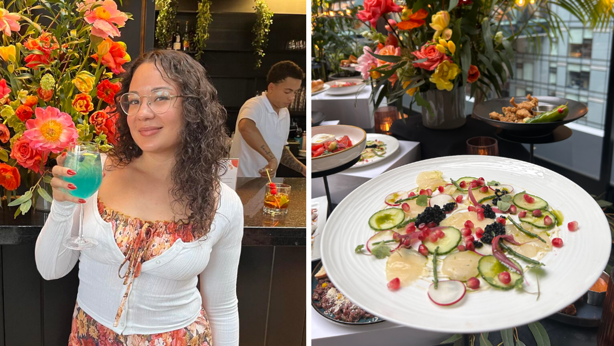 Noémi Lincourt avec un cocktail bleu à la main. Droite : Un ceviche de pétoncles dans une assiette blanche.