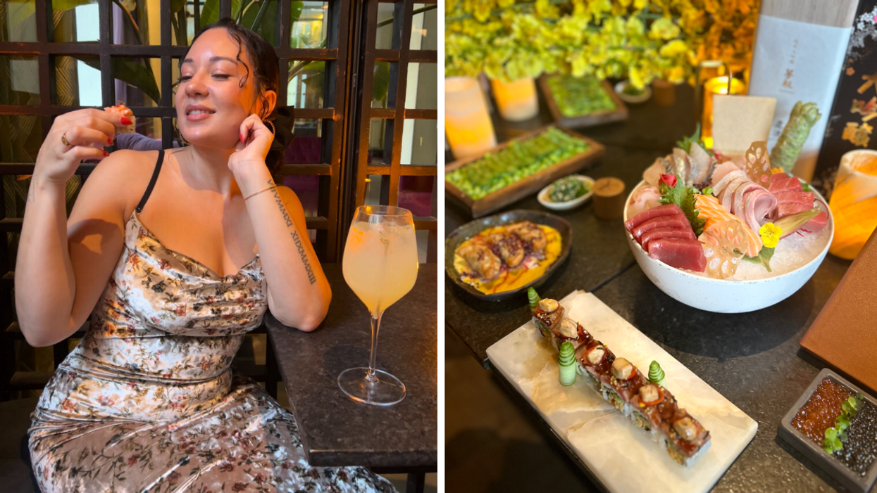 Noémi Lincourt avec un sushi en main. Droite : Les plats d'un restaurant à Montréal.