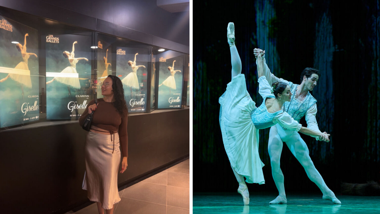 Noémi Lincourt devant les affiches de Giselle à la Place des Arts. Droite : Giselle et Albrecht du ballet Giselle.