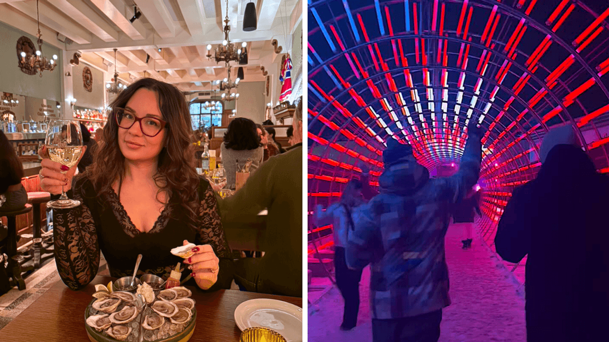 Noémi qui mange des huîtres. Droite : Des gens dans le tunnel illuminé du Igloofest.