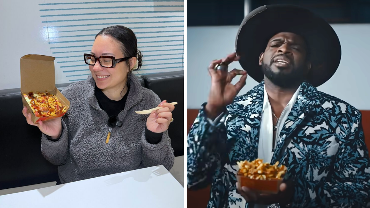 Noémi qui s'apprête à goûter la Poutine P.K. du menu Face-à-Face du McDonald's. Droite : P.K. Subban avec la Poutine P.K. du menu Face-à-Face du McDonald's.