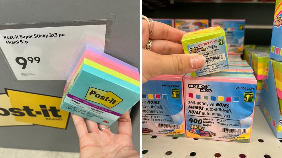 Notes adh\u00e9sives au Bureau en Gros. Droite : Notes adh\u00e9sives au Dollarama.