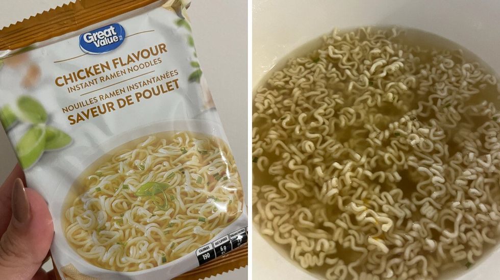 Nouilles ramen de la marque Great Value \u00e0 saveur de poulet.