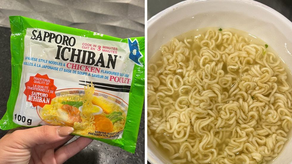 Nouilles ramen de la marque Sapporo Ichiban \u00e0 saveur de poulet.