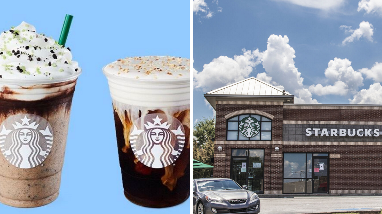 Nouvelles boissons. Droite : Façade Starbucks.