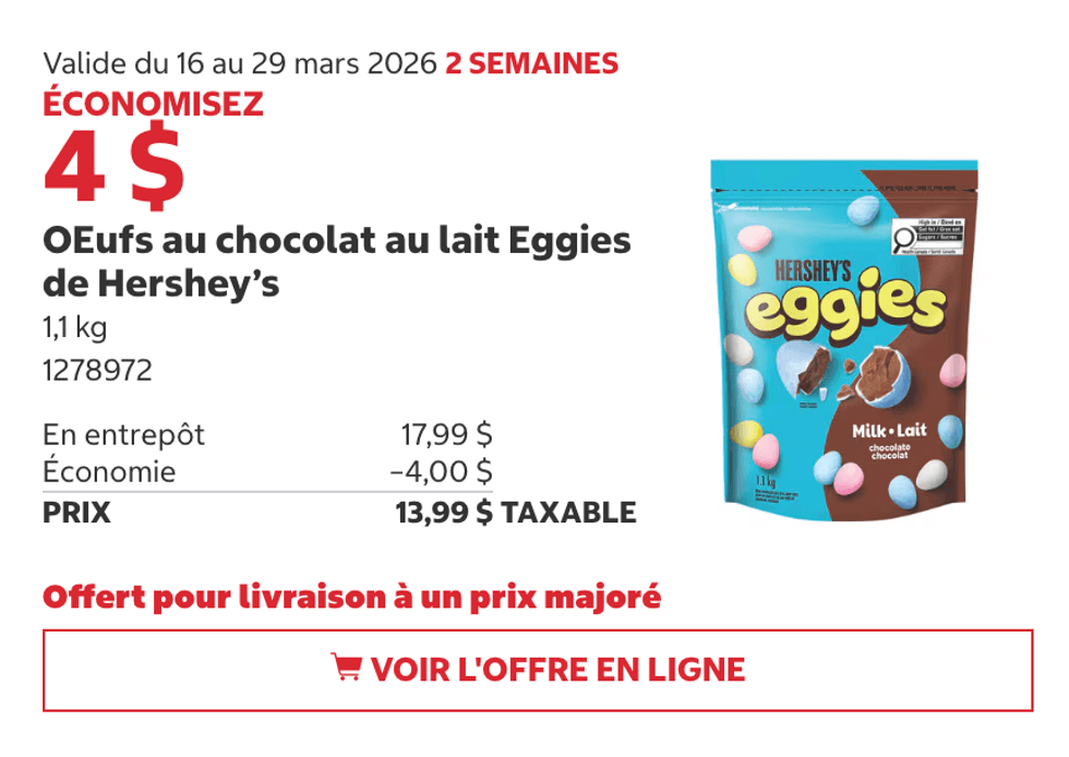 Oeufs au chocolat au lait Eggies de Hershey\u2019s en rabais au Costco.