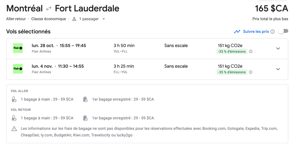 Offre de vols sur Google flights.