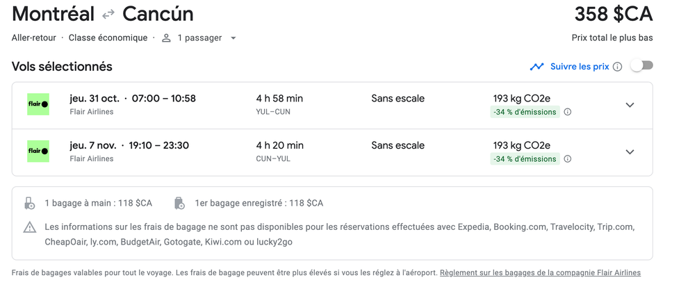 Offre de vols sur Google flights.