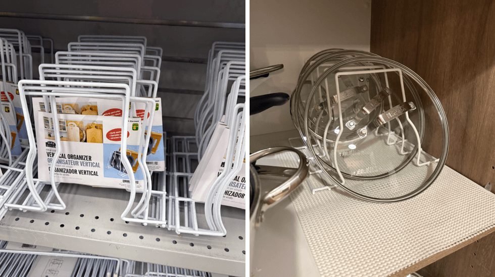 Organisateur vertical sur les tablettes du Dollarama. Droite : organisateur vertical dans une armoire de cuisine.