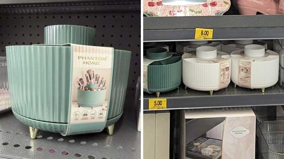 Organiseur de pinceaux de maquillage rotatif \u00e0 360\u00b0 vendu chez Tigre G\u00e9ant en turquoise et blanc.