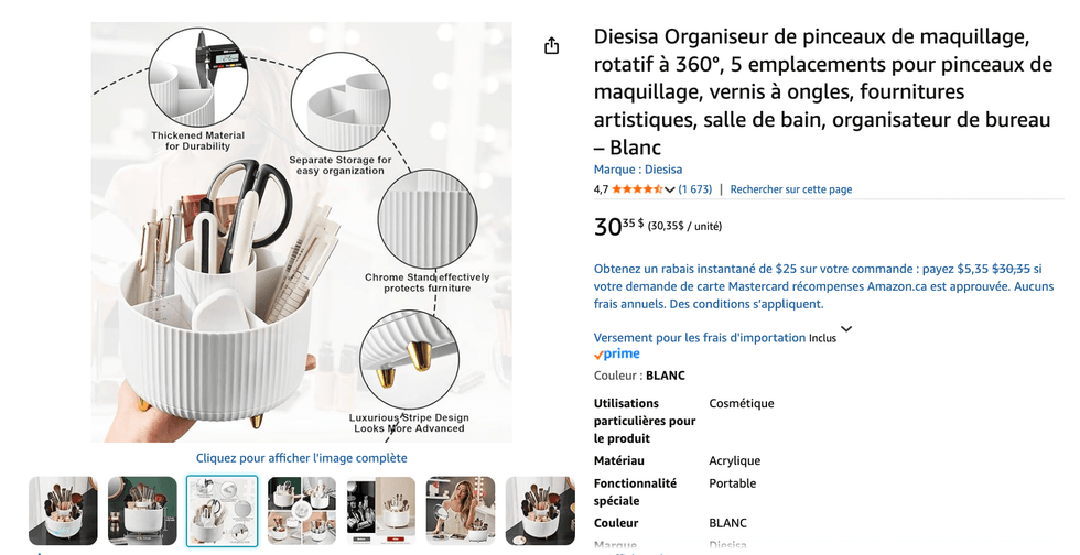 Organiseur de pinceaux de maquillage, rotatif \u00e0 360\u00b0 vendu sur Amazon Canada.
