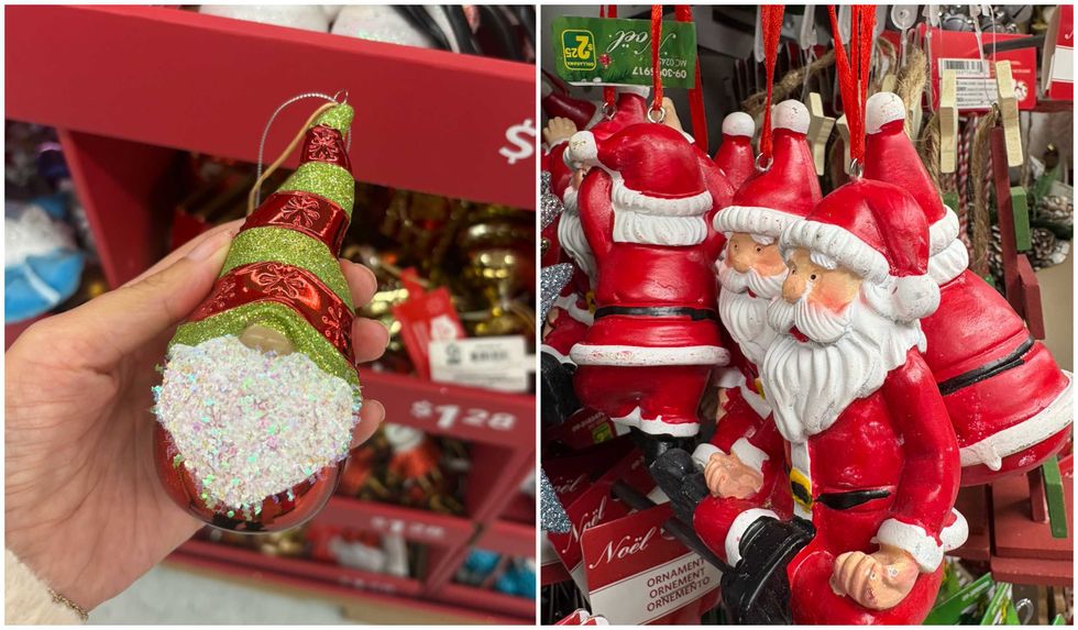 Ornement de p\u00e8re No\u00ebl au Walmart. Droite : Ornement de p\u00e8re No\u00ebl au Dollarama.