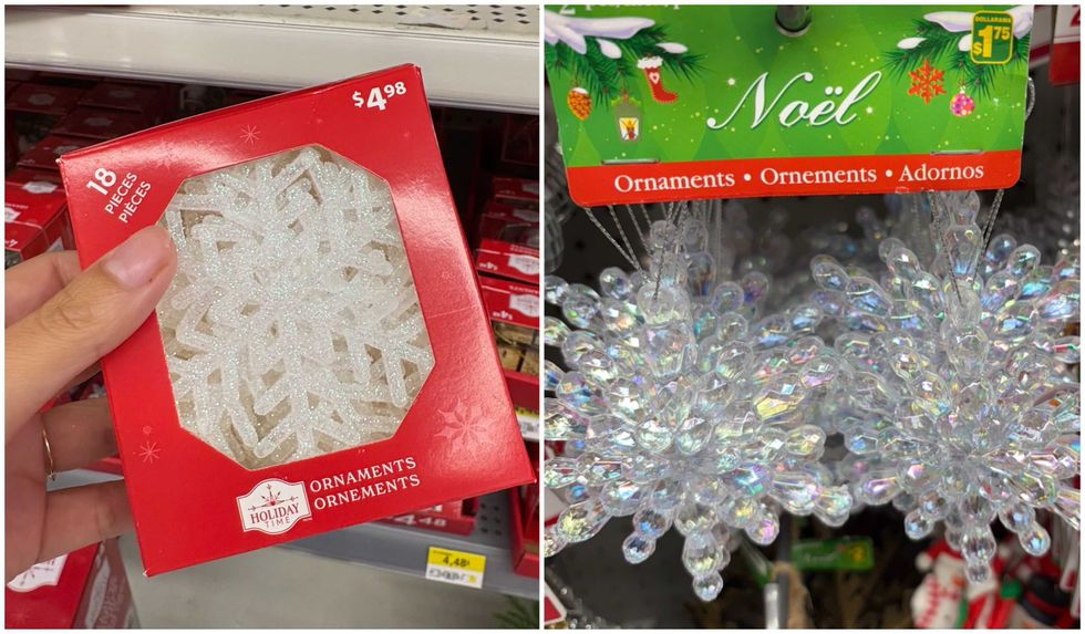 Ornements en forme de flocon au Walmart. Droite : Ornements en forme de flocon au Dollarama