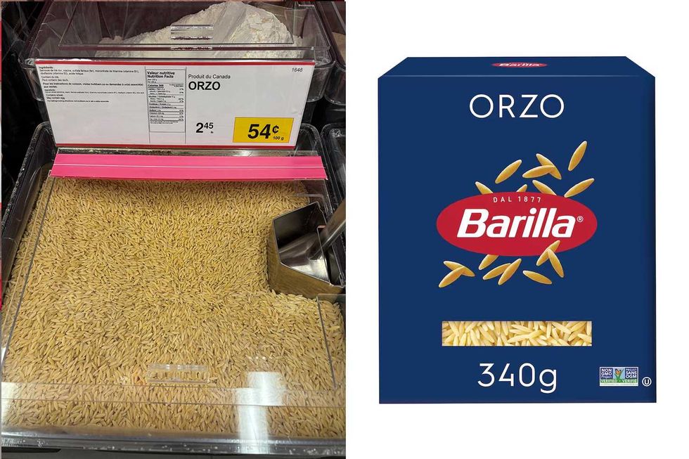 Orzo vendu en vrac chez Bulk Barn. Droite : Orzo de marque Barilla vendu chez Maxi.