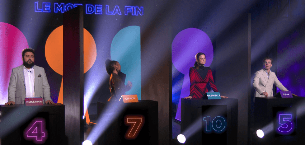 Oussama Fares, Citron Rose, Gabrielle C\u00f4t\u00e9 et F\u00e9lix Dolci au challenge final de Big Brother C\u00e9l\u00e9brit\u00e9s.