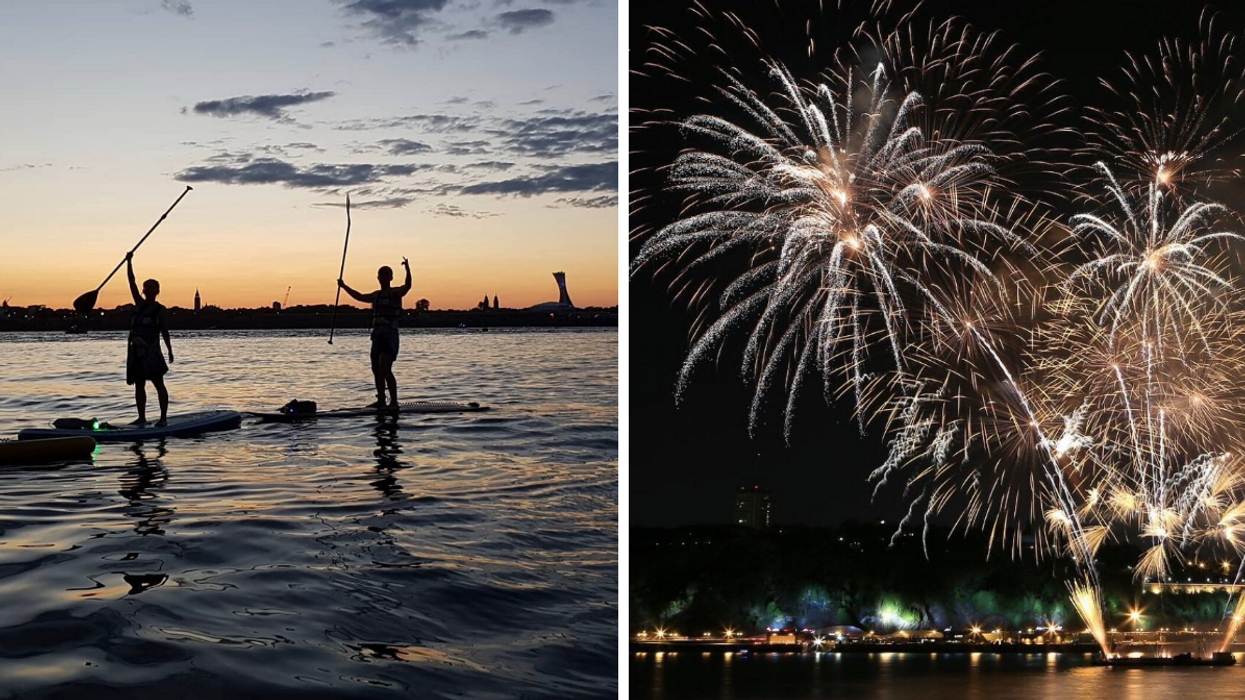 Paddleboard la nuit tombée à Montréal. Droite : Feux d'artifice Loto-Québec.