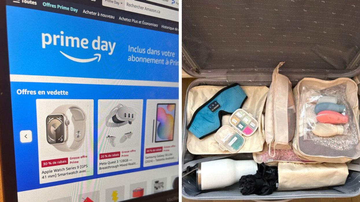 Page Prime Day d'Amazon. Droite : Une valise pleine.