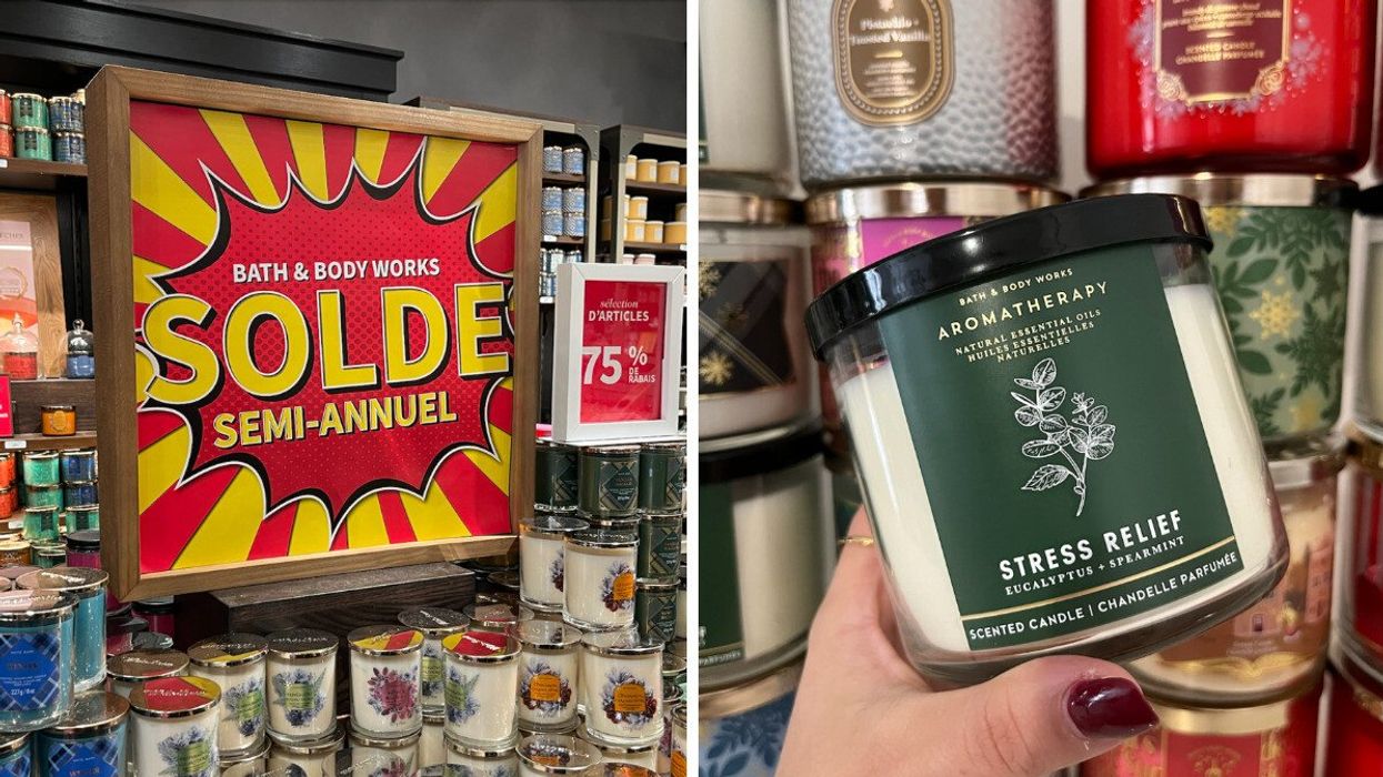 Pancarte du solde semi-annuel de Bath&Body Works. Droite : Main qui tient la chandelle Stress Relief.