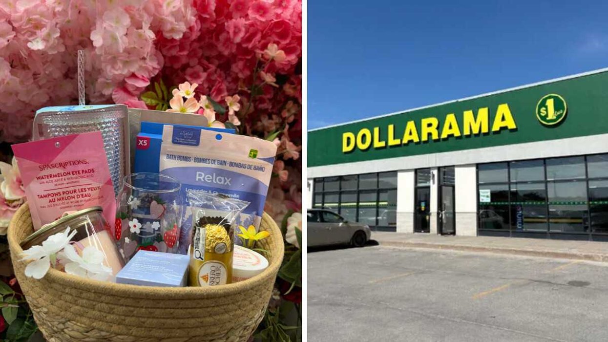Panier avec articles du Dollarama devant un mur de fleurs. Droite : Devanture du Dollarama.