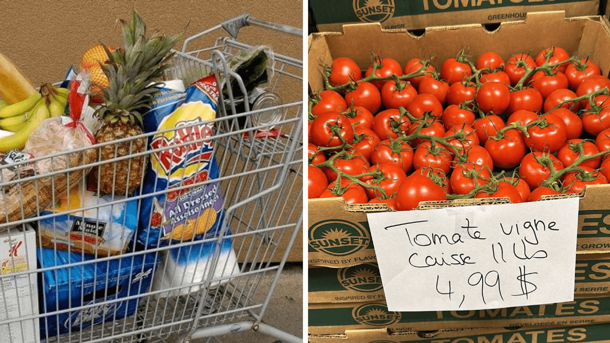 Panier d'épicerie à petit prix chez Surplus d'Épicerie à bas prix. Droite : Caisse de tomates sur vigne pour 4,99 $ au Supermarché SavePlus à Boisbriand.